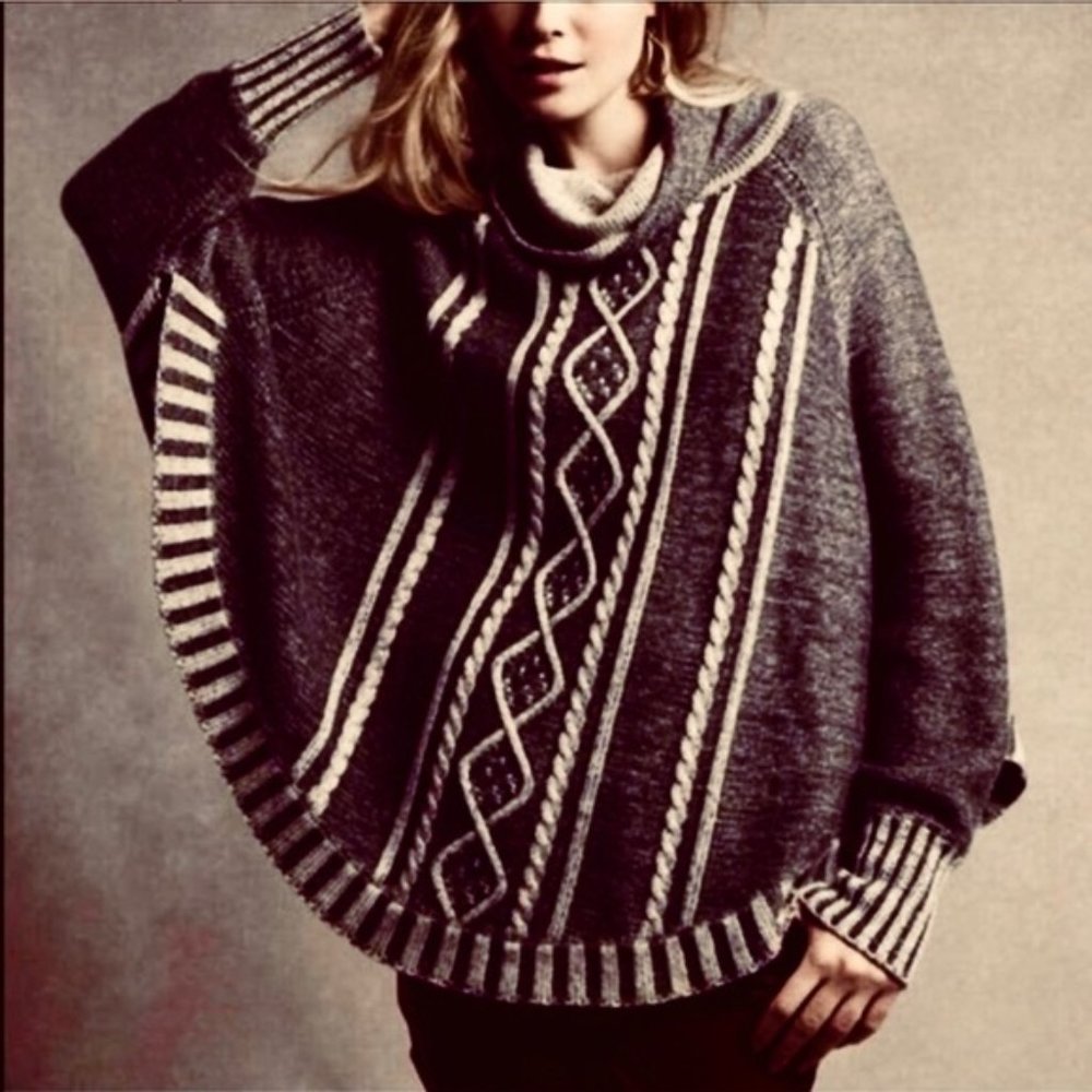 Tribal Large UNIQUE Turtleneck Browns sleeved Poncho Pullover Cable Sweater